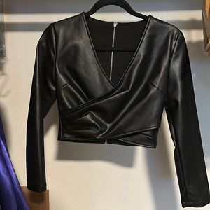 Faux Leather Draped Long Sleeve top